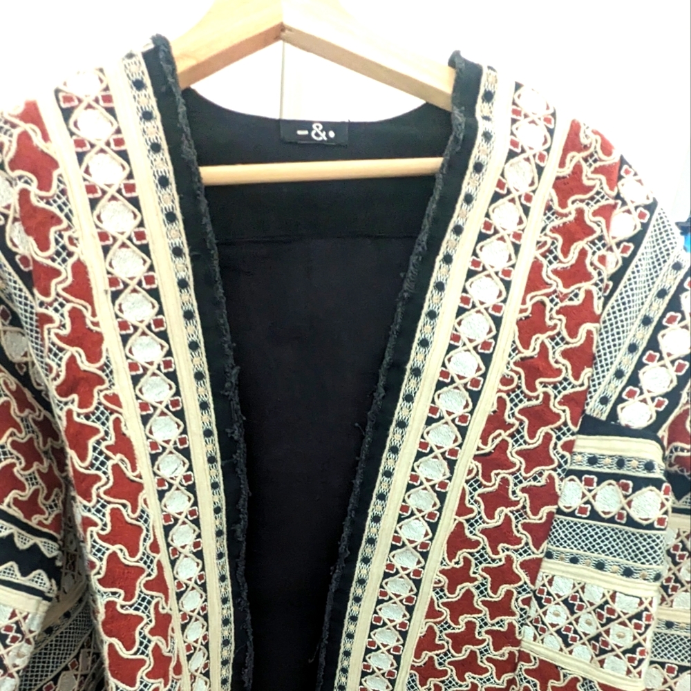 Never worn, rare, vintage hand-embroidered jacket in black, red and white.